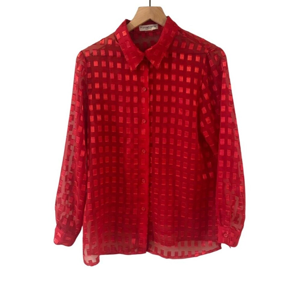 80s Vintage Sheer Metallic Red Checkered Button-Up Blouse - Notations Petite